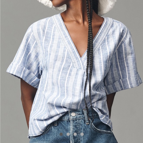 Pilcro Tops - Anthropologie Pilcro Linen Henley Surf Shirt Blue Stripe V-Neck Top M
